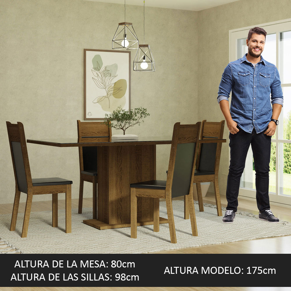 Juego de Comedor Greta con 4 Sillas - Tablero de Madera y Cubierta de Vidrio Negro/Marrón