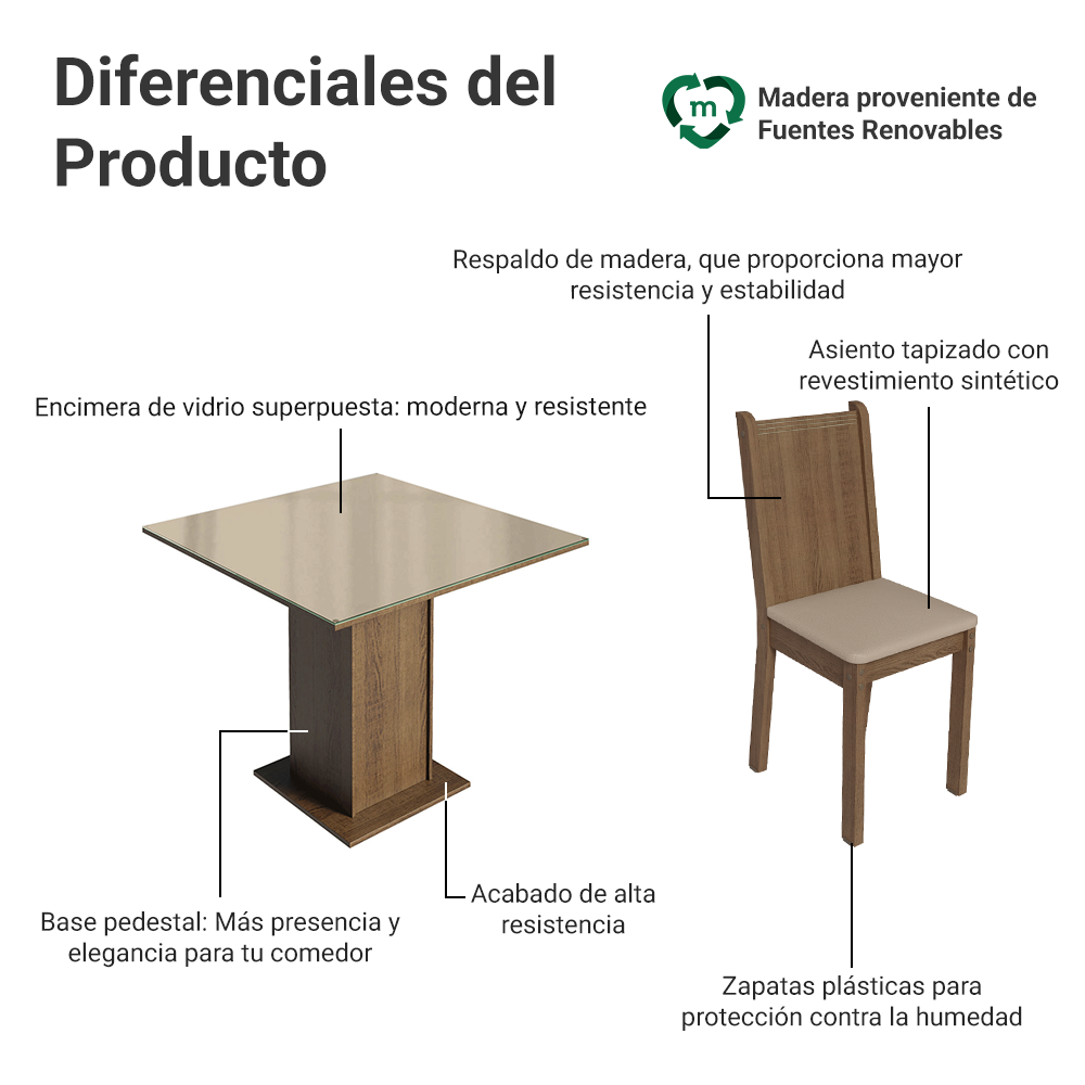 Juego de Comedor Perla con 4 Sillas - Tablero de Madera y Cubierta de Cristal Marrón/Crema/Beige