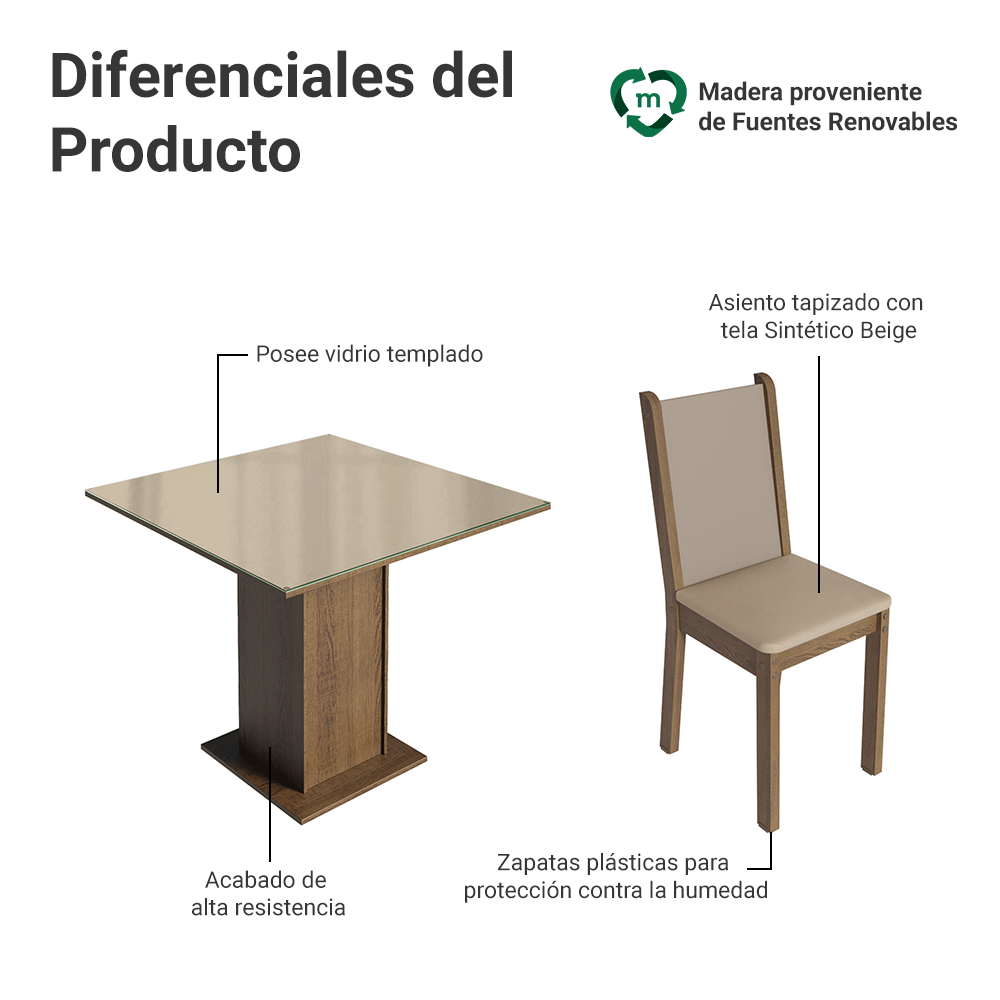 Juego de Comedor Tifani con 4 Sillas - Tablero de Madera y Cubierta de Cristal Marrón/Crema/Beige