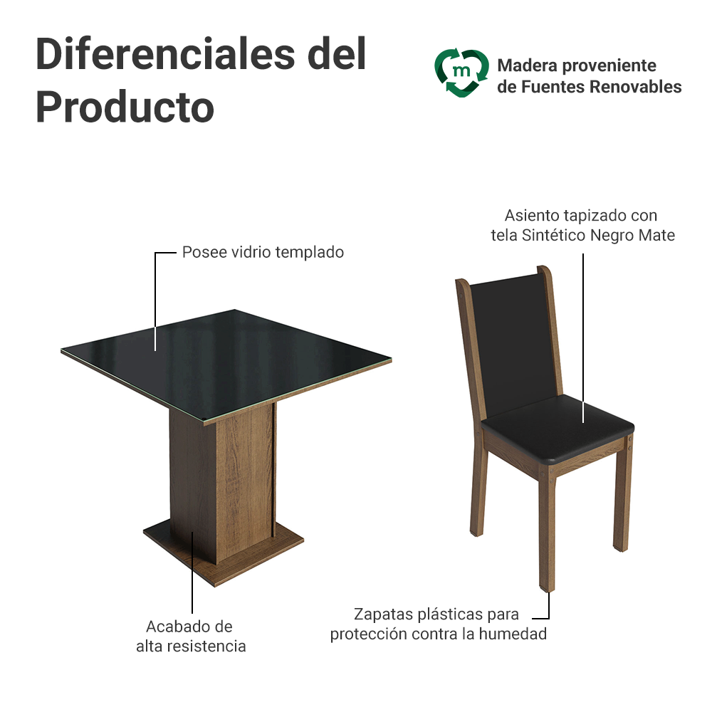 Juego de Comedor Tifani con 4 Sillas - Tablero de Madera y Cubierta de Cristal Marrón/Negro
