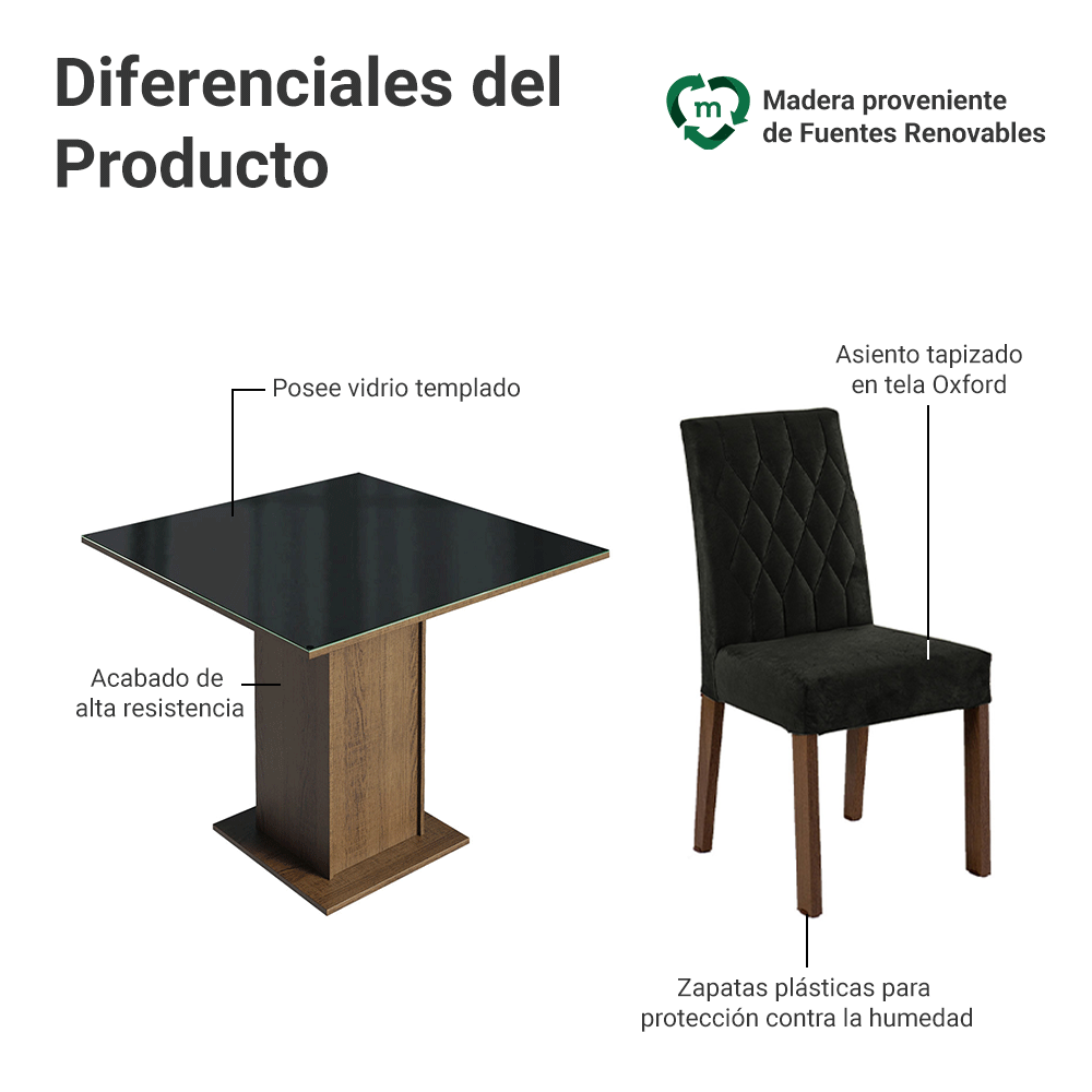 Juego de Comedor Anaju con 4 Sillas Oxford - Tablero de Madera y Cristal Marrón/Negro/Oxford