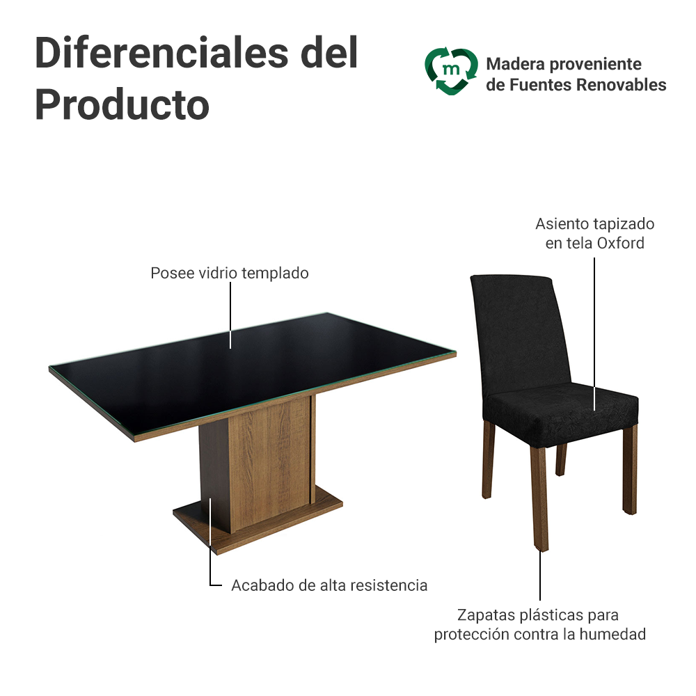 Juego de Comedor Avril con 4 Sillas - Tablero de Madera y Cubierta de Cristal Marrón/Negro/Oxford