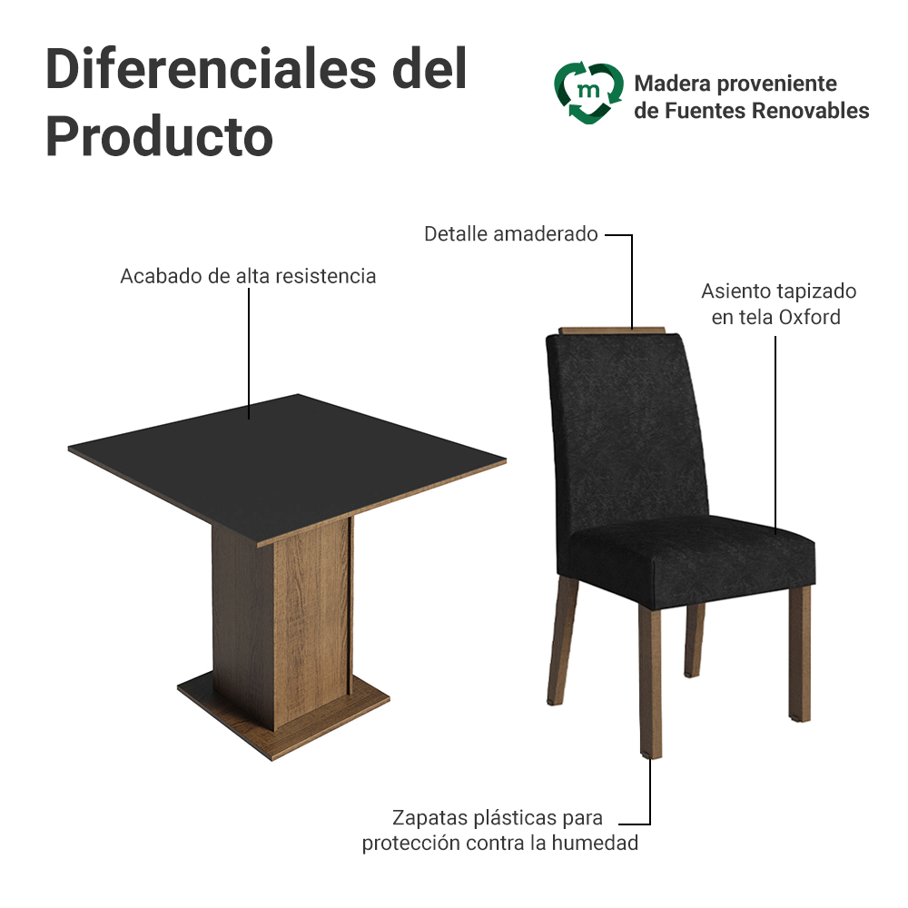 Juego de Comedor Aspen con 4 Sillas Marrón/Negro/Oxford
