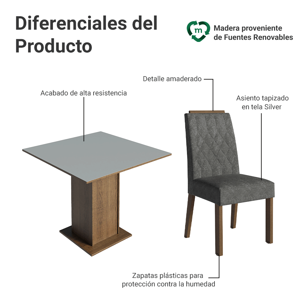 Juego de Comedor Cannes con 4 Sillas Marrón/Gris/Plateado