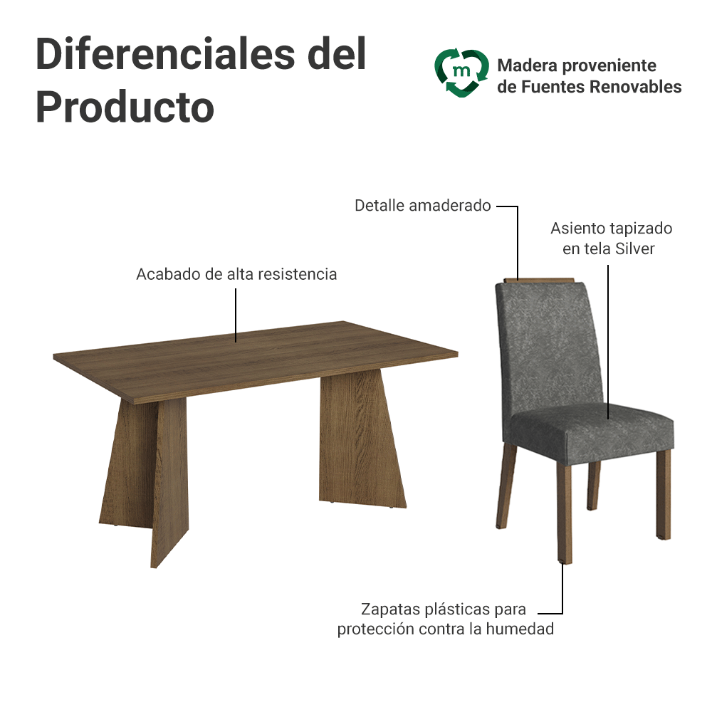 Juego de Comedor Évora con 4 Sillas Marrón/Plateado