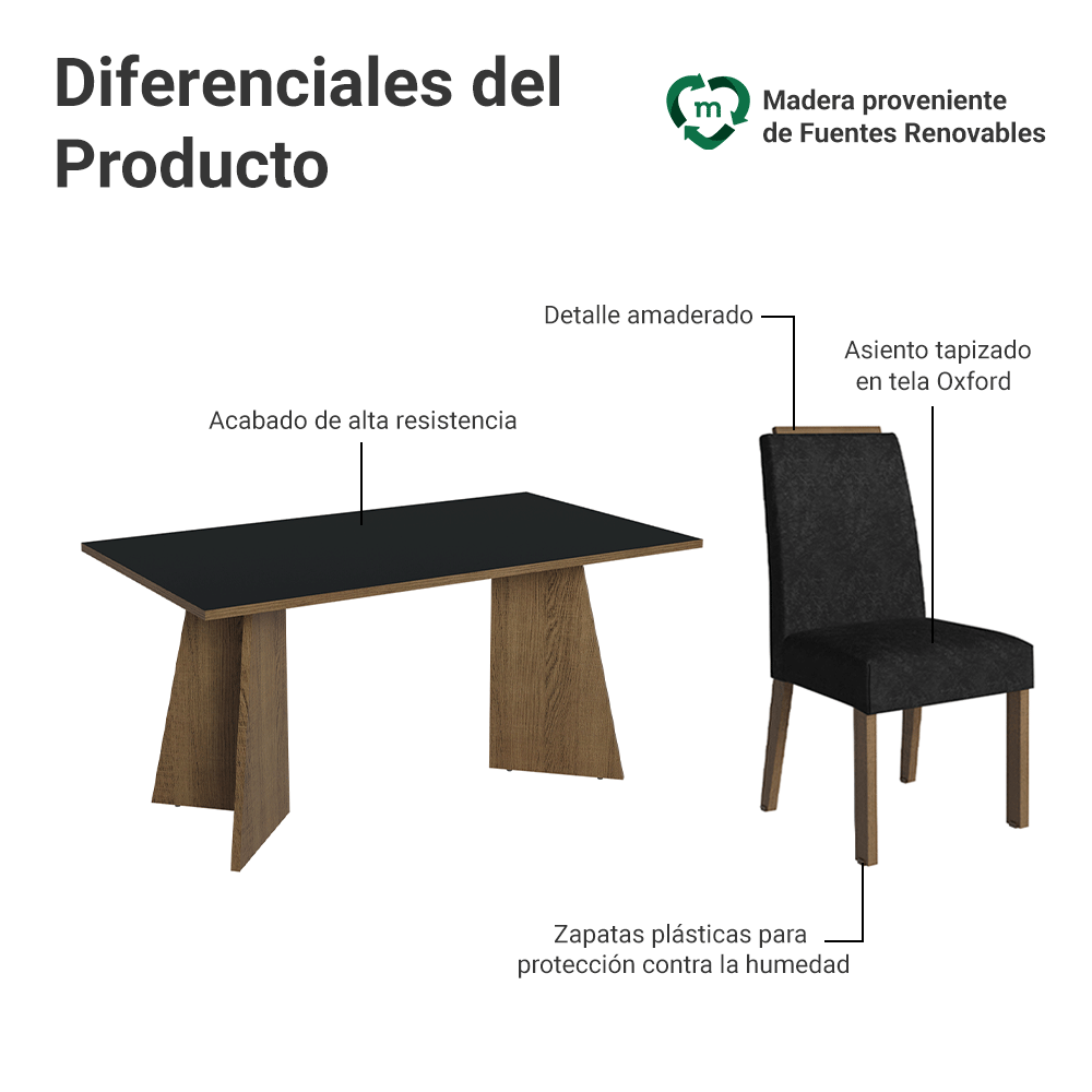 Juego de Comedor Évora con 4 Sillas Marrón/Negro/Oxford