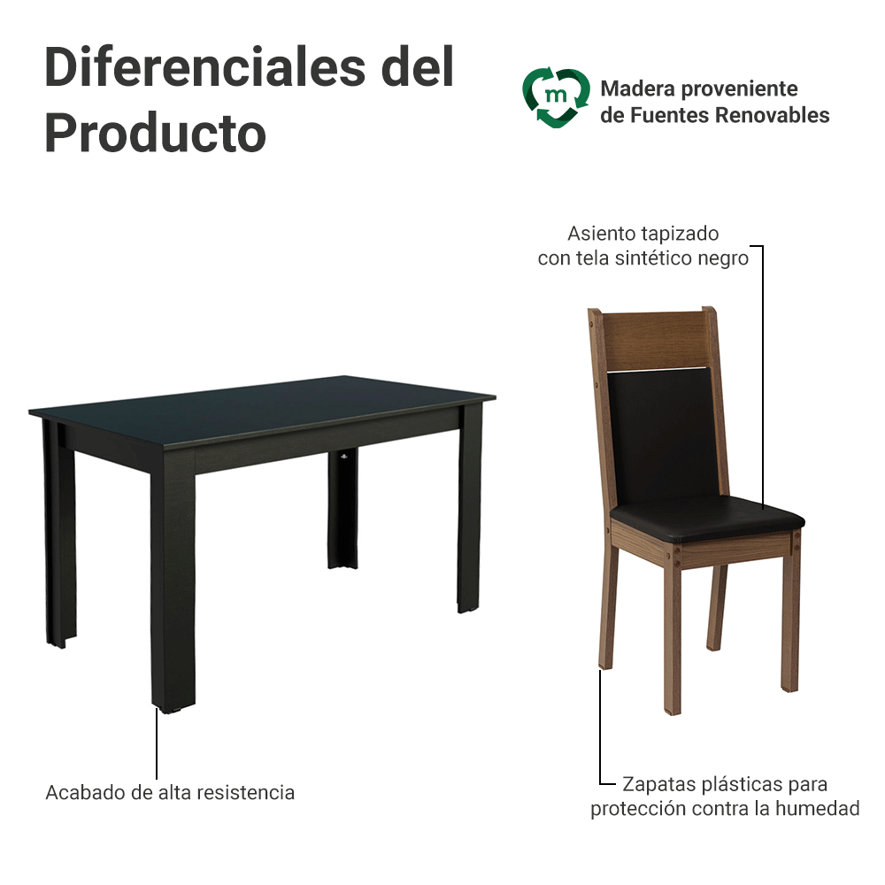 Juego de Comedor Medelin con 6 Sillas Negro/Marrón/Sintético Negro