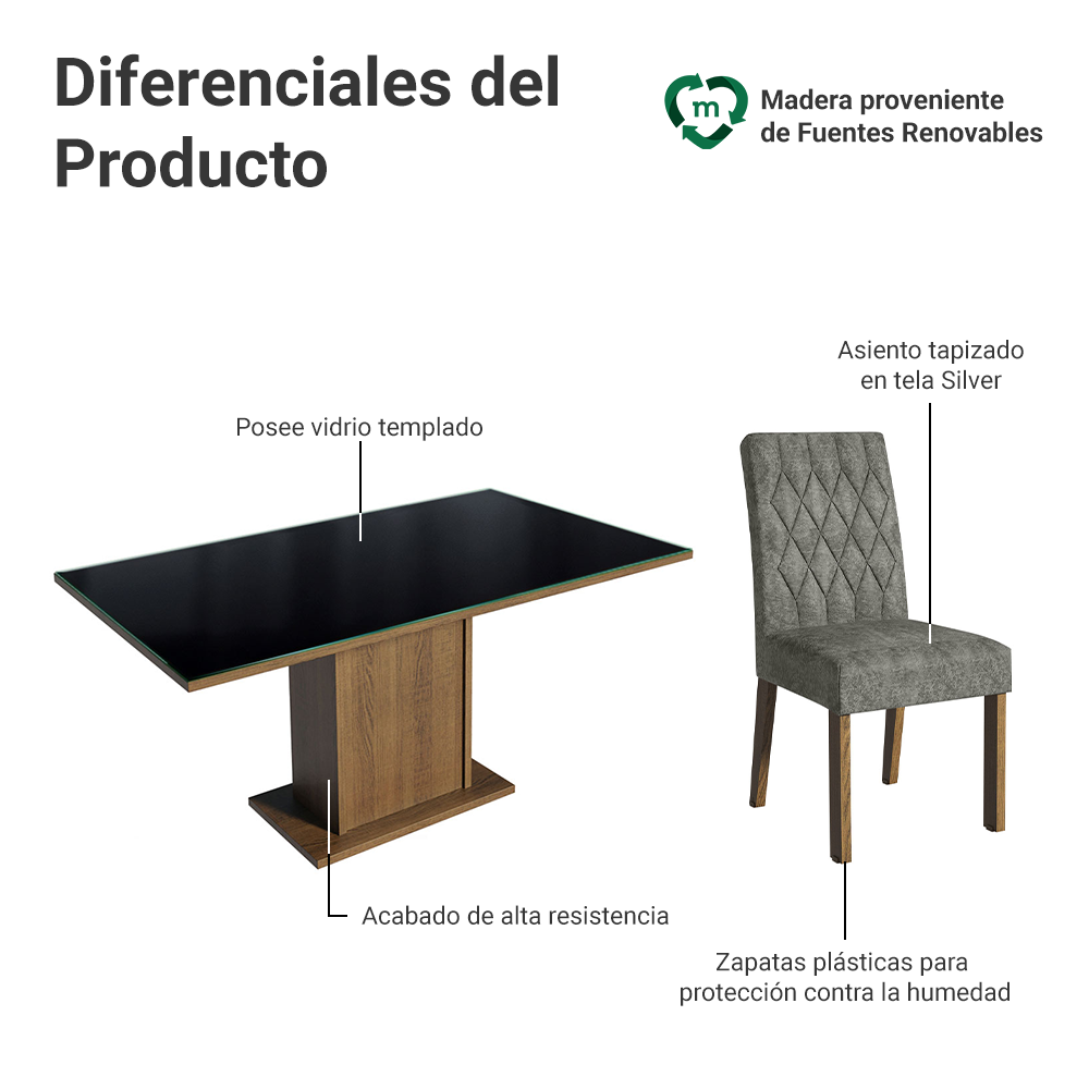 Juego de Comedor Geórgia con 6 Sillas - Tablero de Madera y Cristal Marrón/Negro/Plateado
