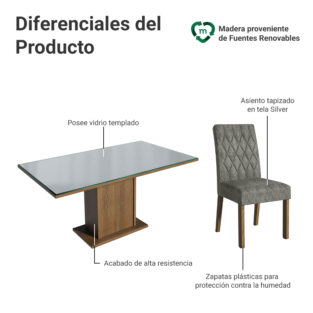Juego de Comedor Geórgia con 6 Sillas - Tablero de Madera y Cubierta de Cristal Marrón/Gris/Plateado