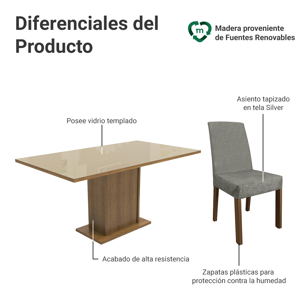 Juego de Comedor Alexis con 6 Sillas - Tablero de Madera y Cubierta de Cristal Marrón/Crema/Plateado