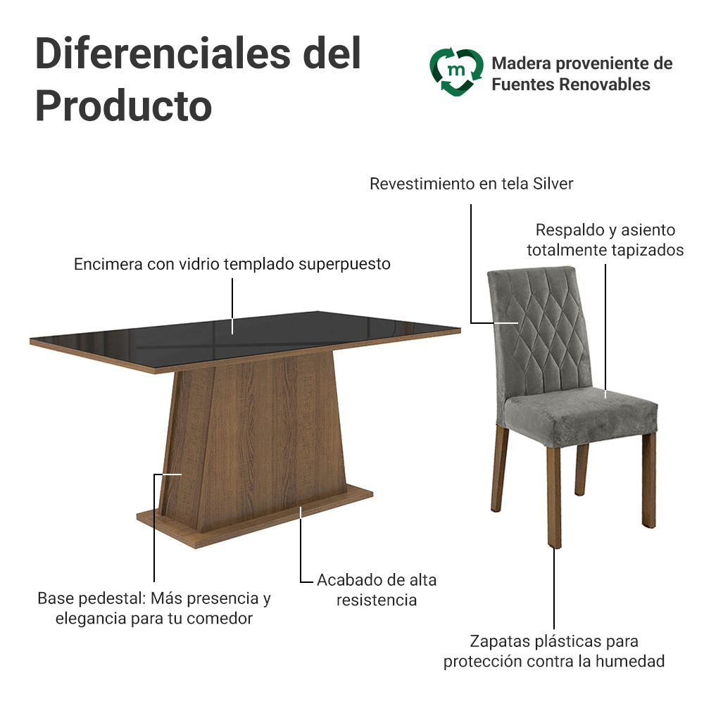 Juego de Comedor Britney con 6 Sillas Marrón/Negro/Plateado