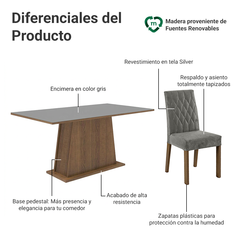 Juego de Comedor Britney con 6 Sillas Marrón/Gris/Plateado