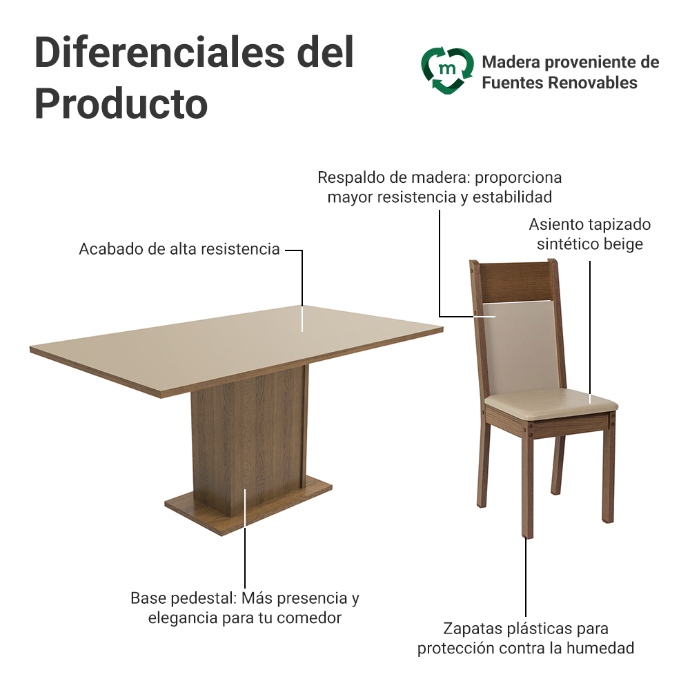 Juego de Comedor Augusta con 6 Sillas Crema/Marrón/Beige