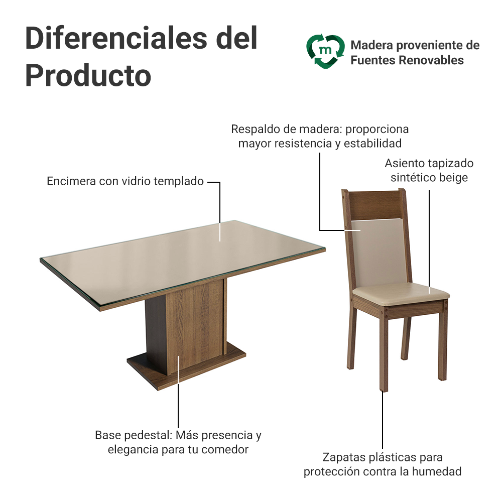 Juego de Comedor Francine con 6 Sillas - Tablero de Madera y Cubierta de Cristal Crema/Marrón/Beige