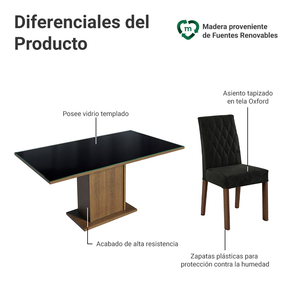 Juego de Comedor Geórgia con 6 Sillas - Tablero de Madera y Cubierta de Cristal Marrón/Negro/Oxford