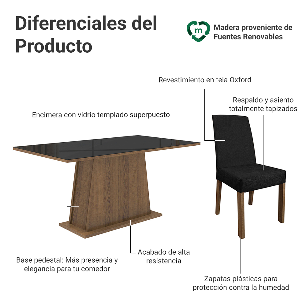 Juego de Comedor Patricia con 6 Sillas - Tablero de Madera y Cubierta de Cristal Marrón/Negro/Oxford