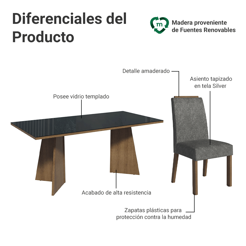 Juego de Comedor Amalfi con 6 Sillas - Tablero de Madera y Cristal Marrón/Negro/Plateado