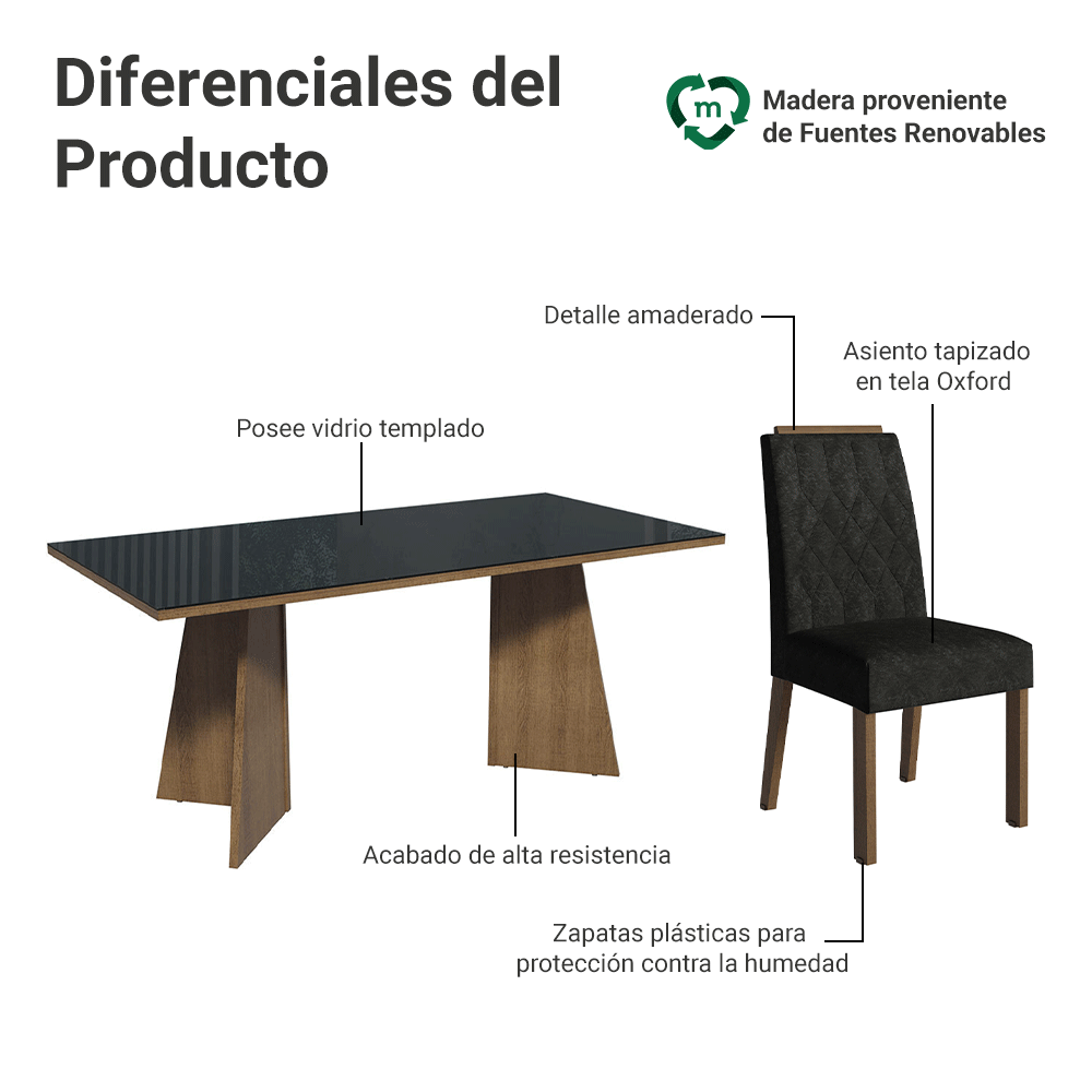 Juego de Comedor Siena con 6 Sillas - Tablero de Madera y Cristal Marrón/Negro/Oxford