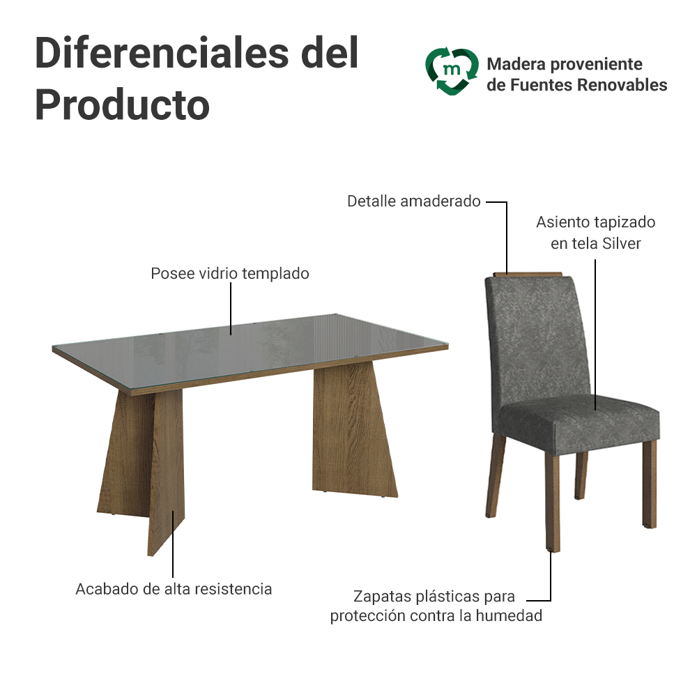 Juego de Comedor Madrid con 6 Sillas - Tablero de Madera y Cristal Marrón/Gris/Plateado