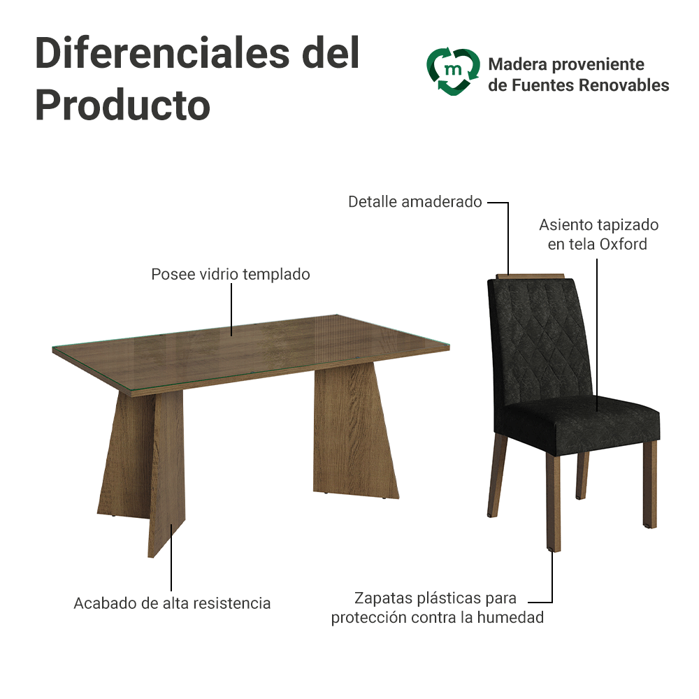 Juego de Comedor Sintra con 6 Sillas - Tablero de Madera y Cristal Marrón/Oxford