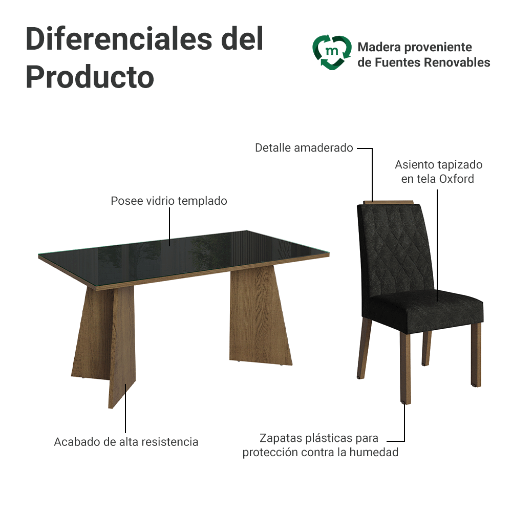 Juego de Comedor Sintra con 6 Sillas - Tablero de Madera y Cristal Marrón/Negro/Oxford