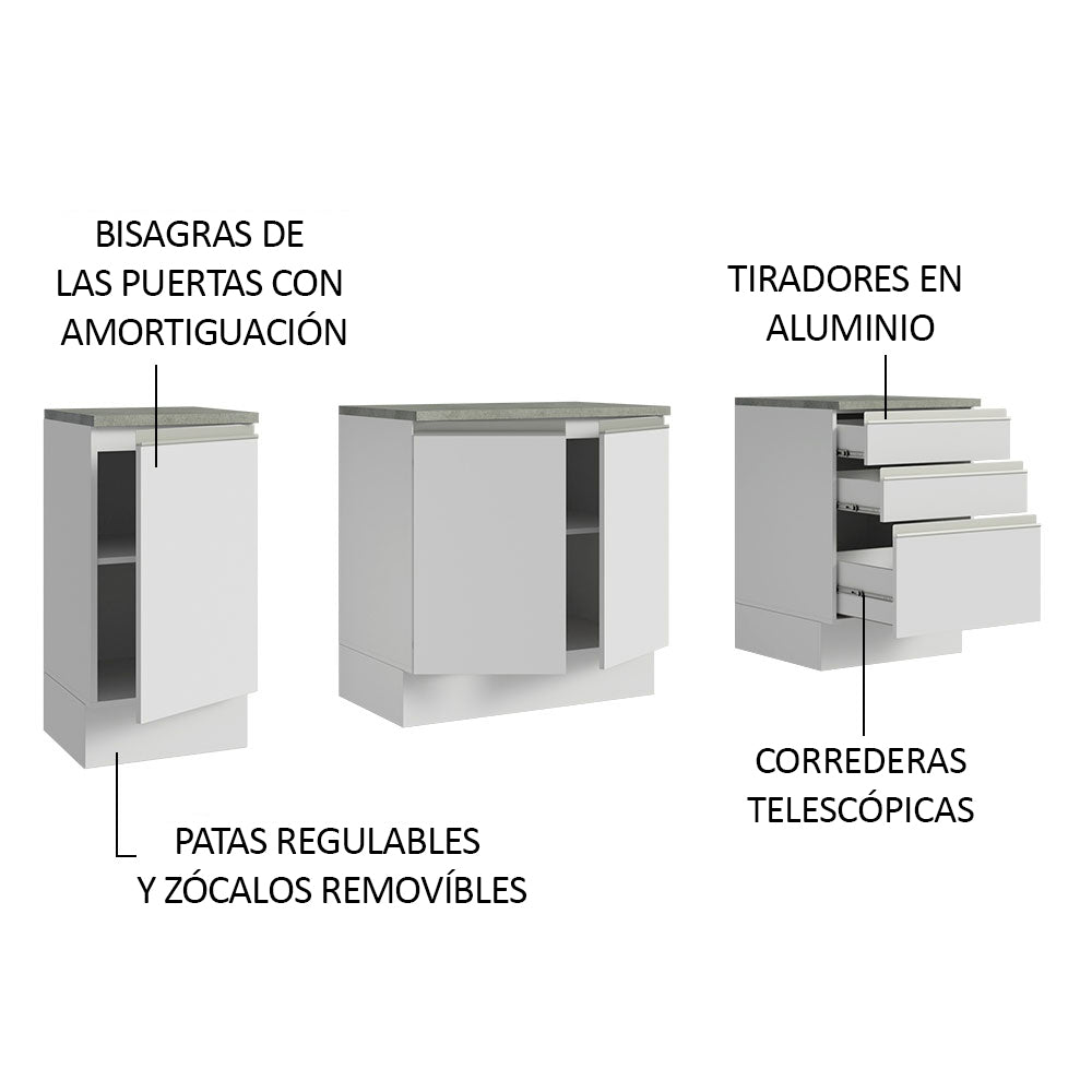Kit 3 Muebles para Baño 180 cm 3 Puertas 3 Cajones con Encimeras
