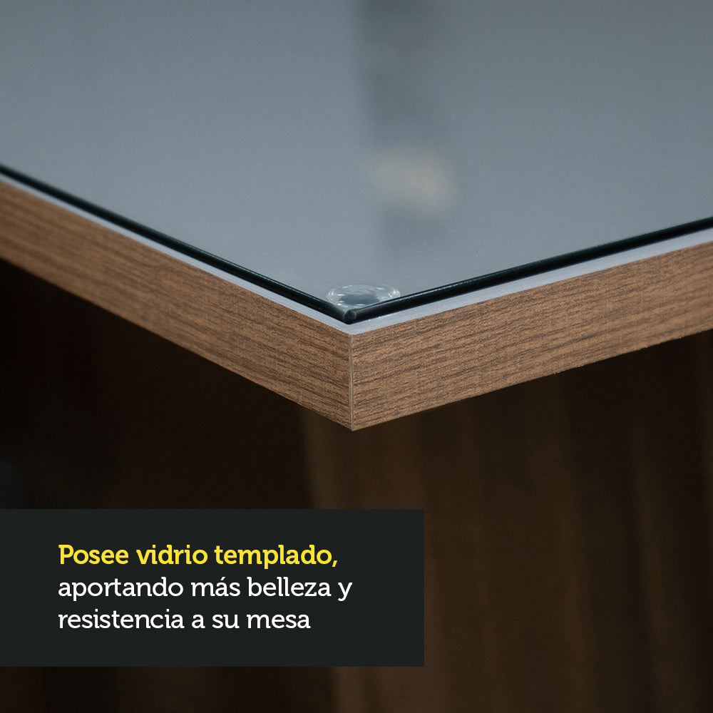 Mesa de Comedor Rectangular 6 Puestos con Tablero de Madera y Cristal