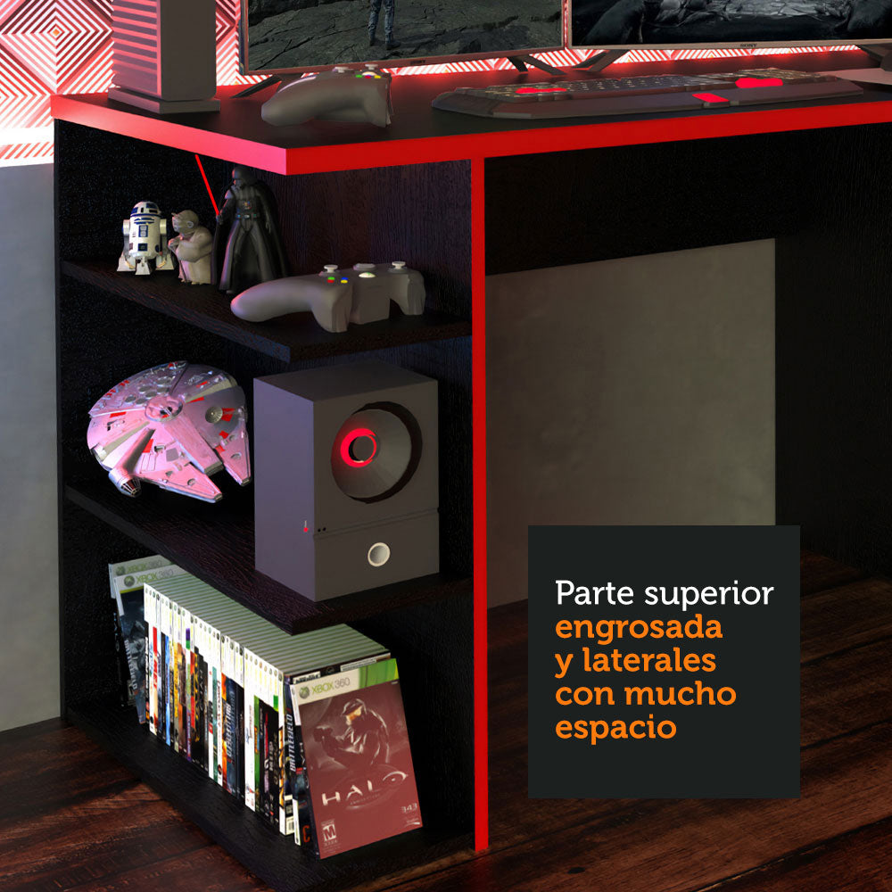Escritorio Gamer Moderno para PC y Consola NegroRojo