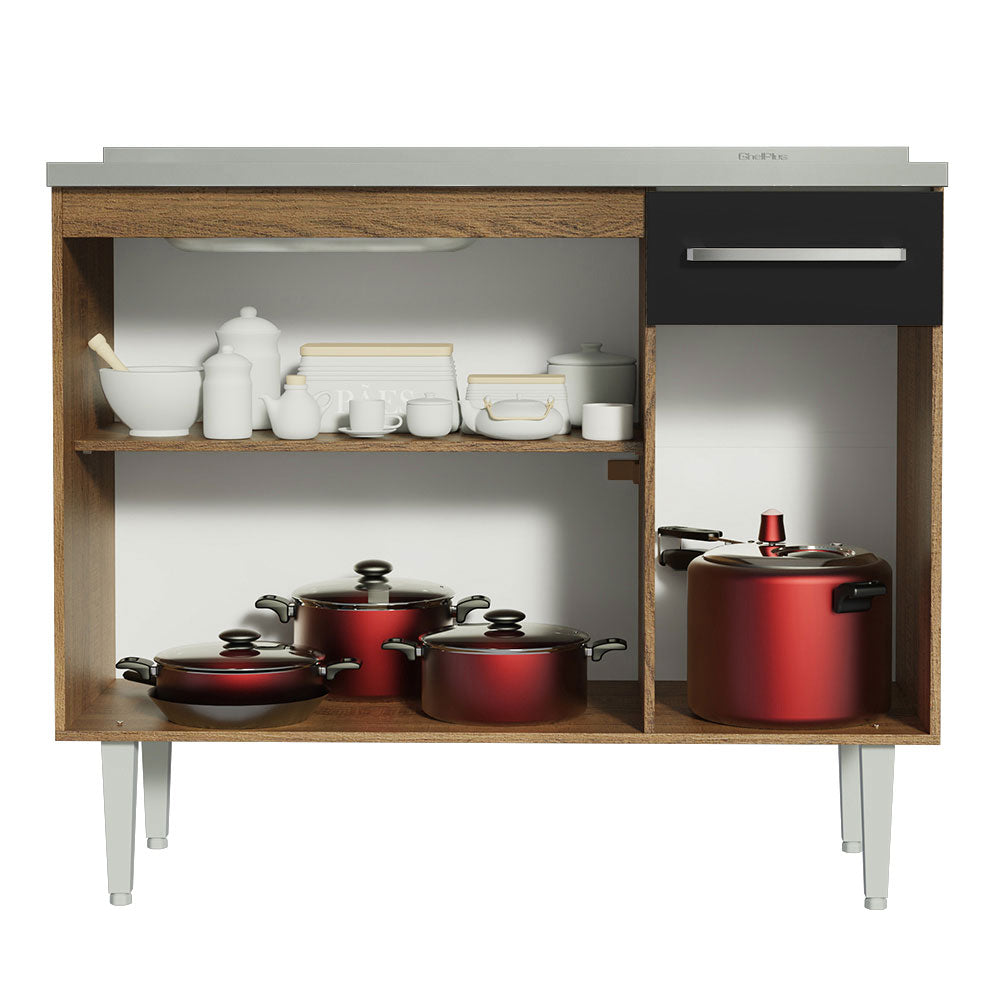Mueble de Cocina Bajo Emilly 1.05 m con Mesón de Acero Marrón/Negro