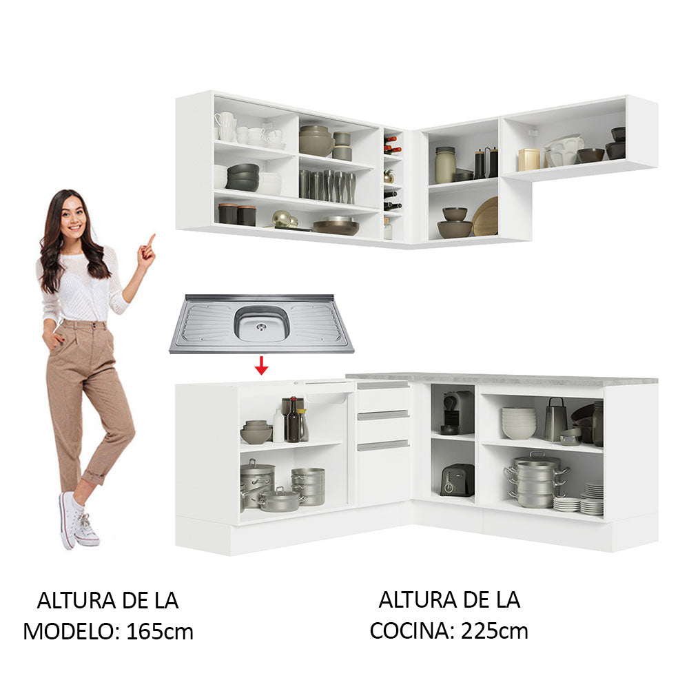 Cocina Integral de Esquina Glamy 3.50 m con Mesón de Acero Blanco 02