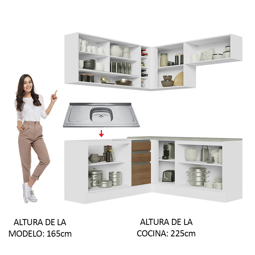 Cocina Integral de Esquina Glamy 3.50 m con Mesón de Acero Blanco/Marrón 02