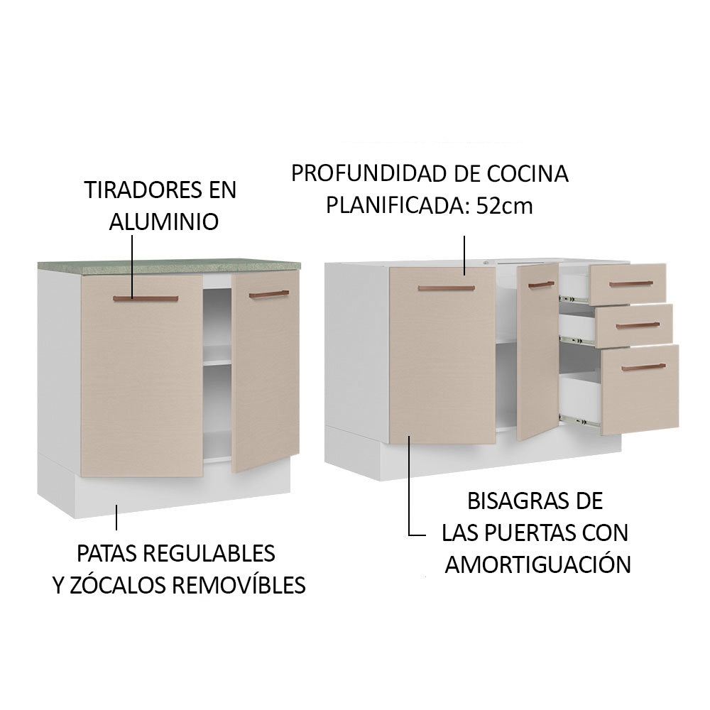 Kit 2 Muebles de Cocina Bajo Agata 2.00 Metros Blanco/Crema