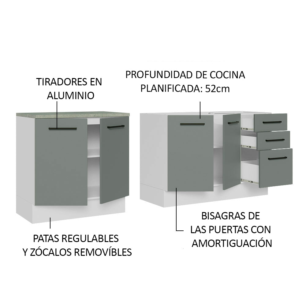 Kit 2 Muebles de Cocina Bajo Agata 2.00 Metros Blanco/Gris
