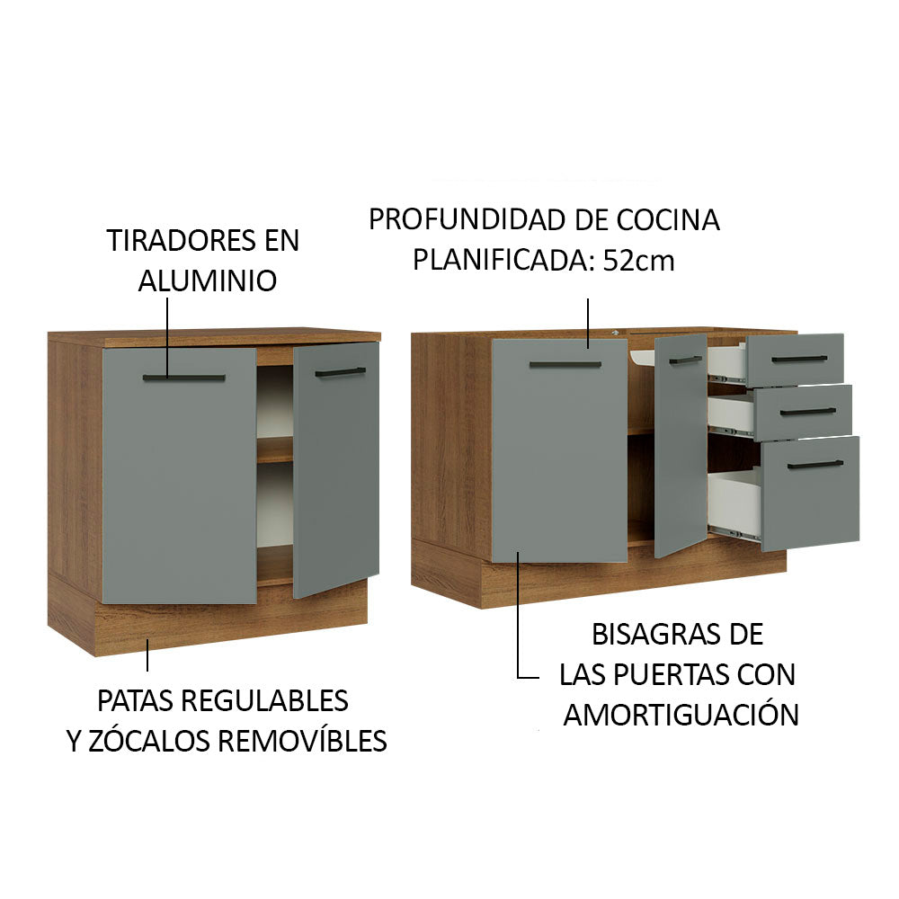 Kit 2 Muebles de Cocina Bajo Agata 2.00 Metros Marrón/Gris