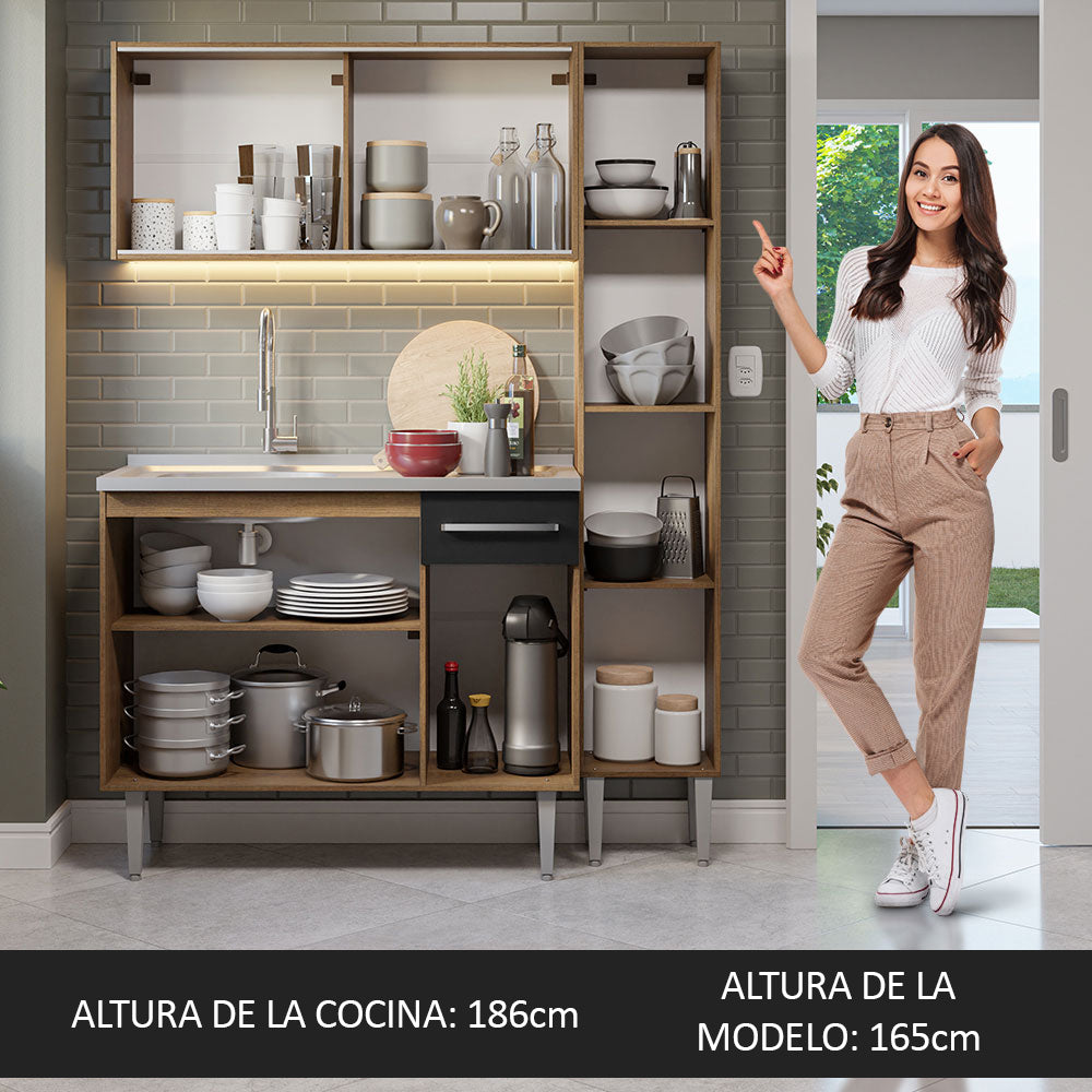 Cocina Integral Emilly 137 cm con Mesón de Acero 08 Marrón/Negro Madesa