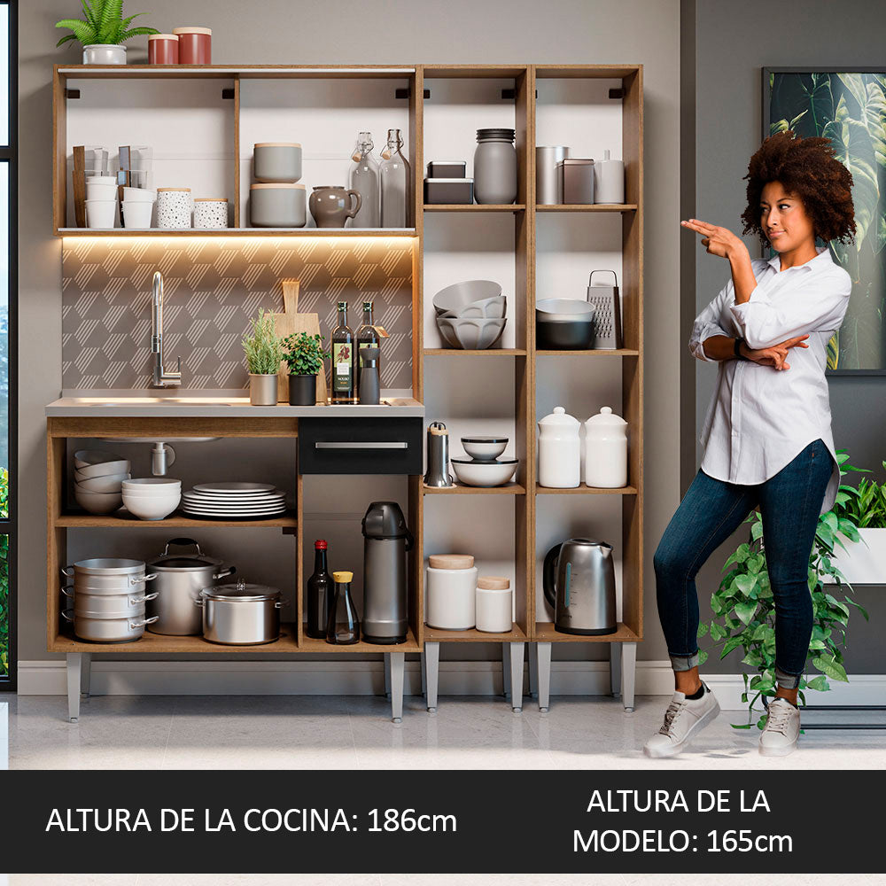 Cocina Integral Emilly 169 cm con Mesón de Acero 12 Marrón/Negro Madesa