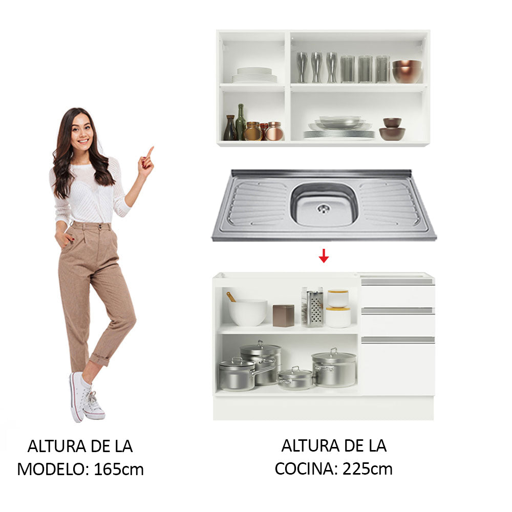 Cocina Integral Glamy 1.20 m con Mesón de Acero Blanco 01