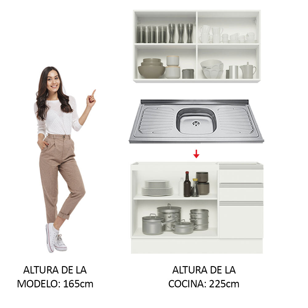 Cocina Integral Glamy 1.20 m con Mesón de Acero Blanco 03