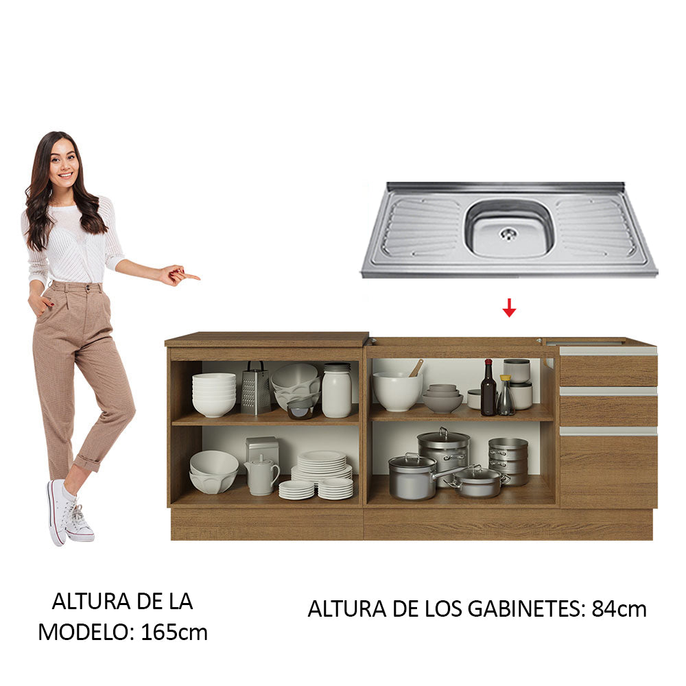 Kit 2 Muebles de Cocina Bajo Glamy 2.00 m con Mesón de Acero Marrón