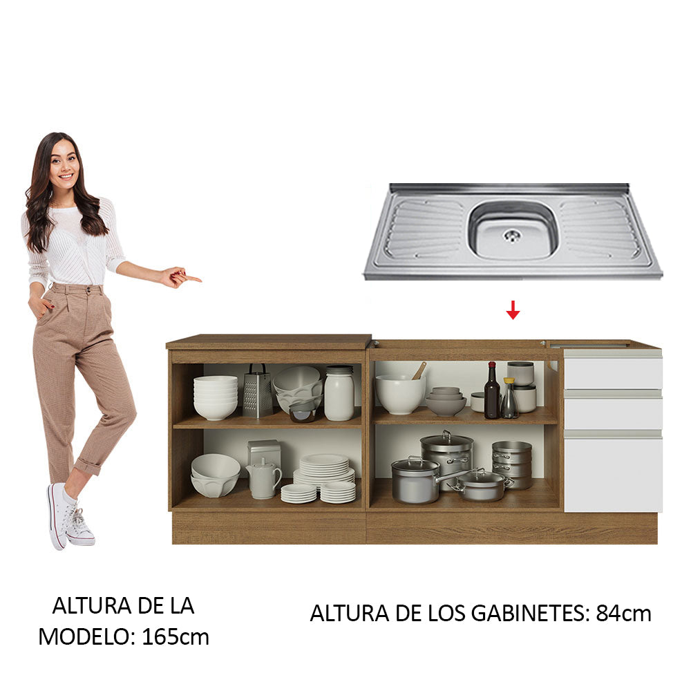 Kit 2 Muebles de Cocina Bajo Glamy 2.00 m con Mesón de Acero Marrón/Blanco