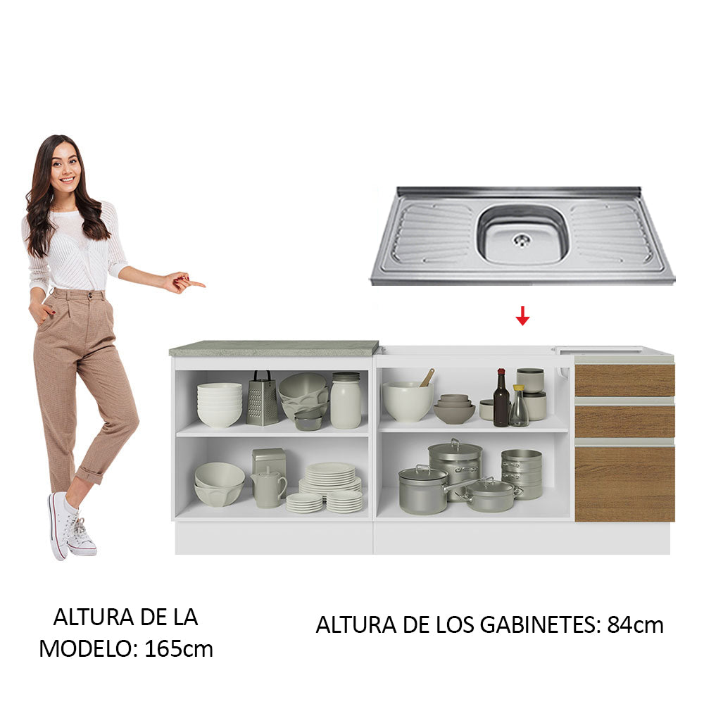 Kit 2 Muebles de Cocina Bajo Glamy 2.00 m con Mesón de Acero Blanco/Marrón