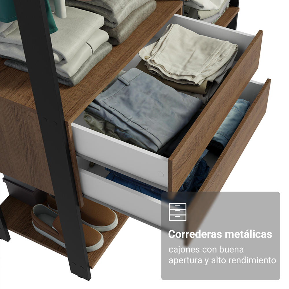 Clóset Modulado Abierto Valencia 2 Cajones 7 Niveles Marrón/Negro 180 cm x 129 cm x 45 cm