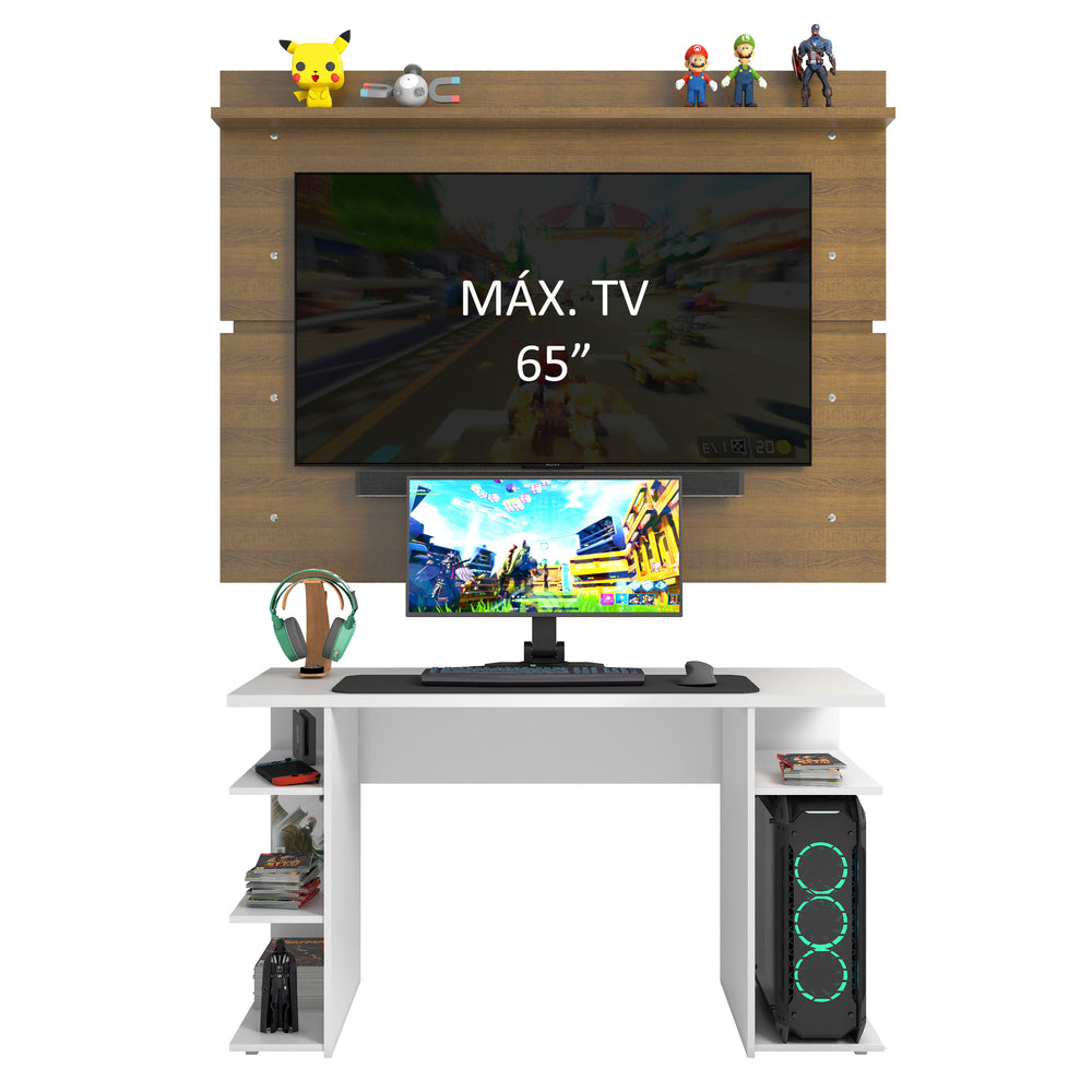 Escritorio Gamer 136 cm Moderno + Panel para TV Hasta 65 Pulgadas Blanco/Marrón Madesa