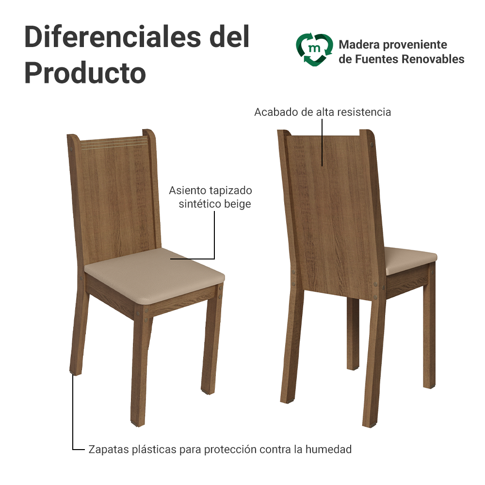 Juego de Comedor Paula con 4 Sillas - Encimera Redonda de Cristal Marrón/Beige