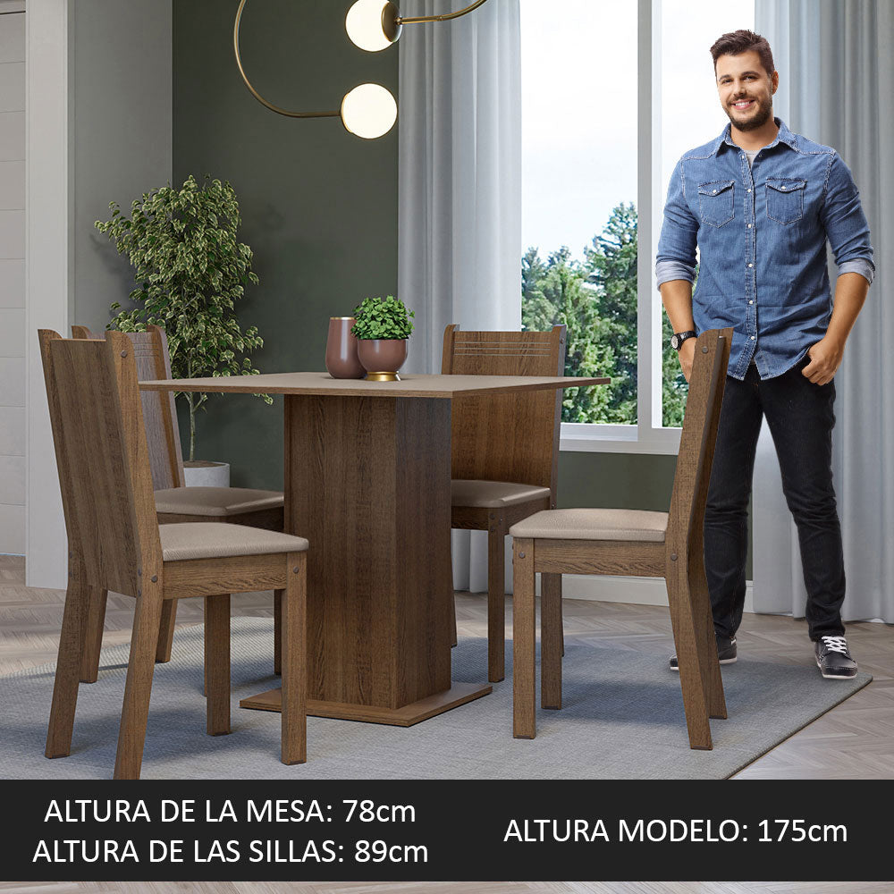 Juego de Comedor Samara Tablero Cuadrado de Madera con 4 Sillas Marrón/Crema/Beige Madesa