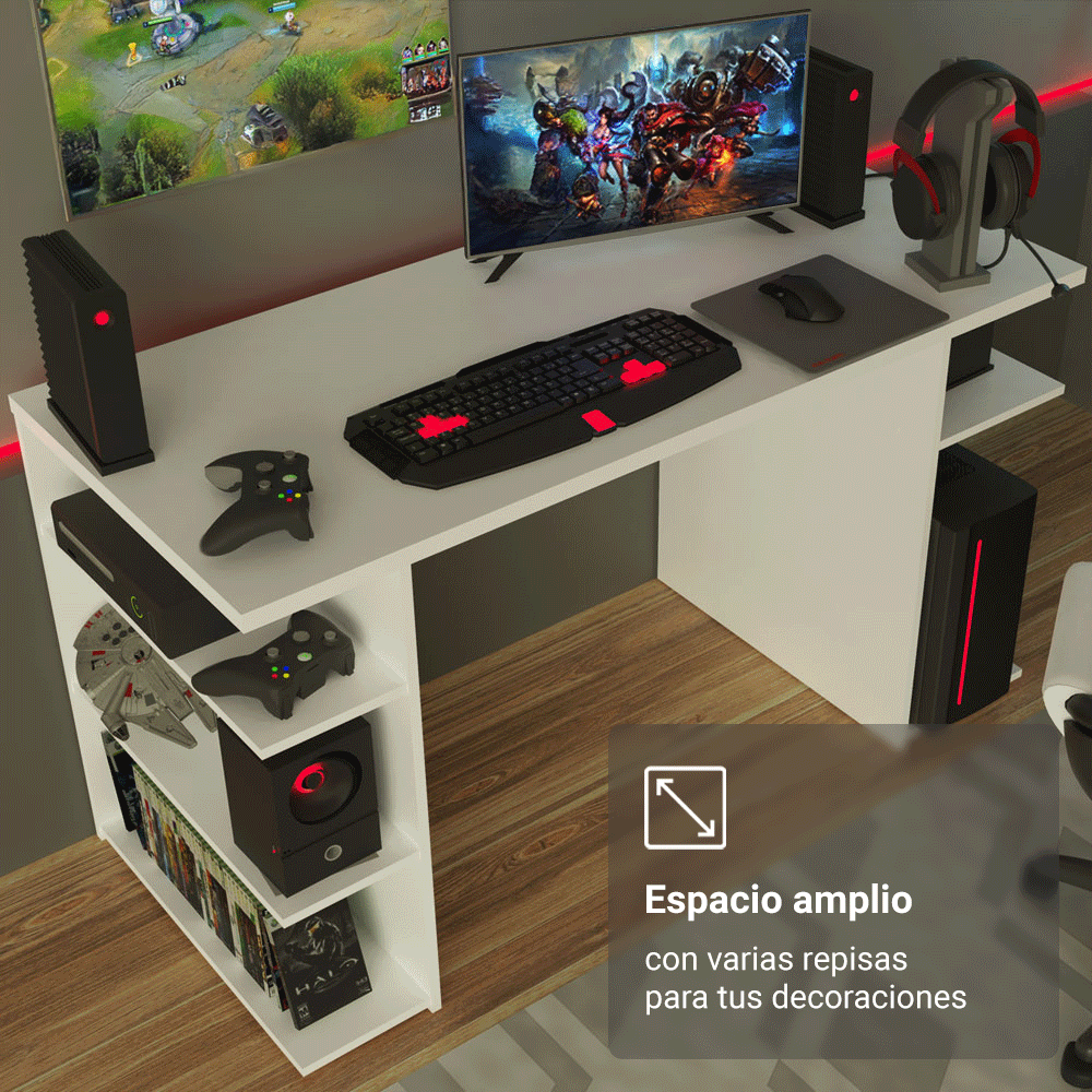 Escritorio Gamer Moderno para PC y Consola Blanco