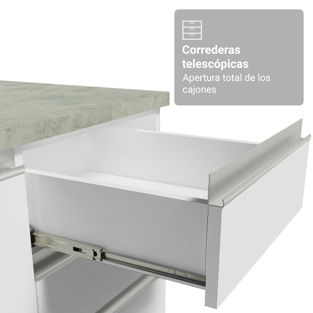 Mueble de Cocina Bajo Glamy 1.20 m 2 Puertas 3 Cajones con Encimera Blanco