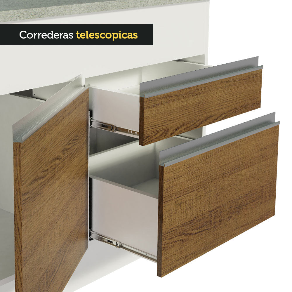 Mueble de Cocina Bajo Glamy 1.50 m 2 Puertas 2 Cajones con Encimera Blanco/Marrón
