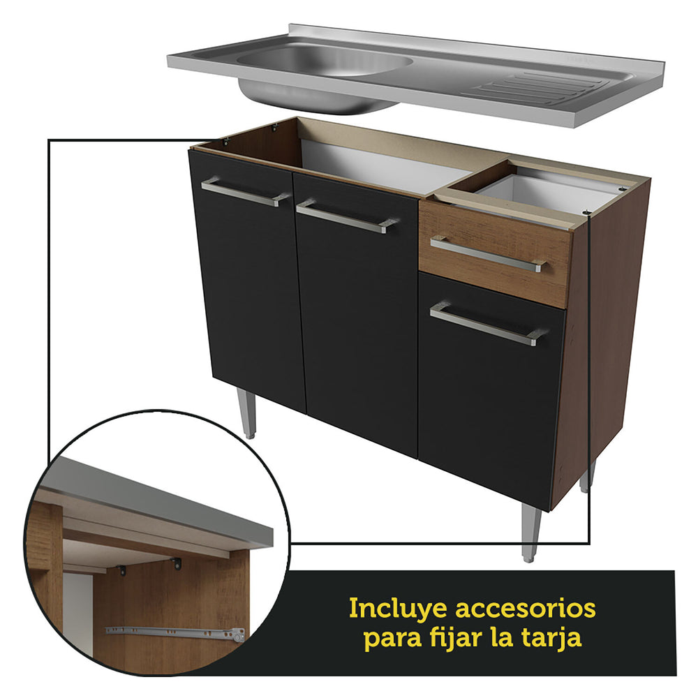 Cocina Integral Emilly 2.90 m con Mesón de Acero Marrón/Negro 08