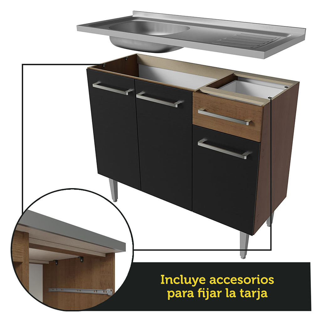 Cocina Integral Emilly 2.90 m con Mesón de Acero Marrón/Negro 08